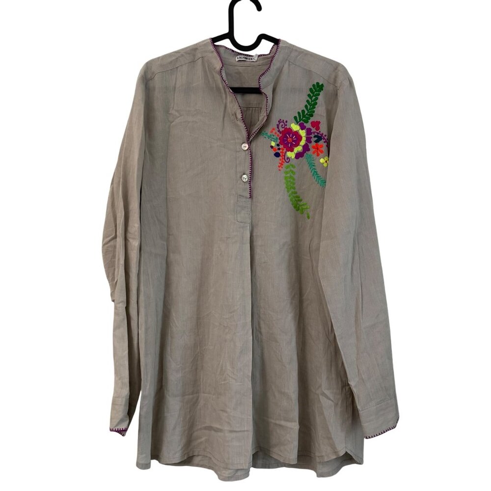 V.De.Vinster Gray Floral Embroidered Long Sleeve Tunic Shirt Womens Medium